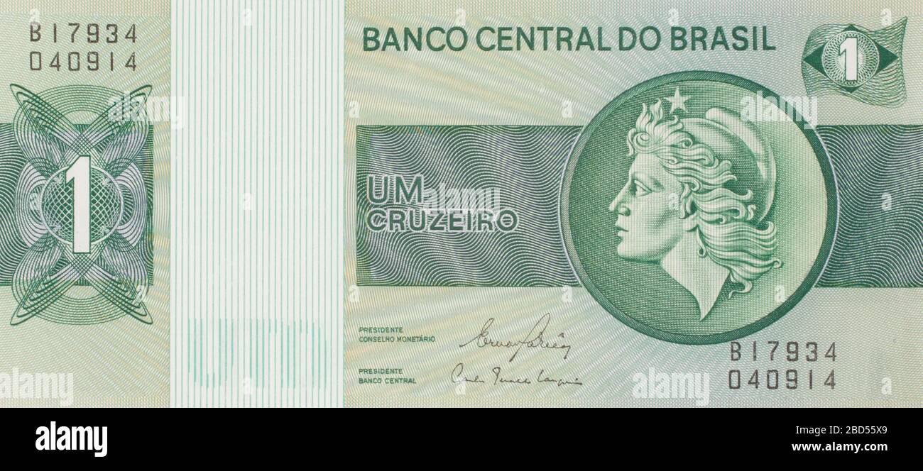 The front of a Brazilian banknote from 1980, 1 Um Cruzeiro Stock Photo
