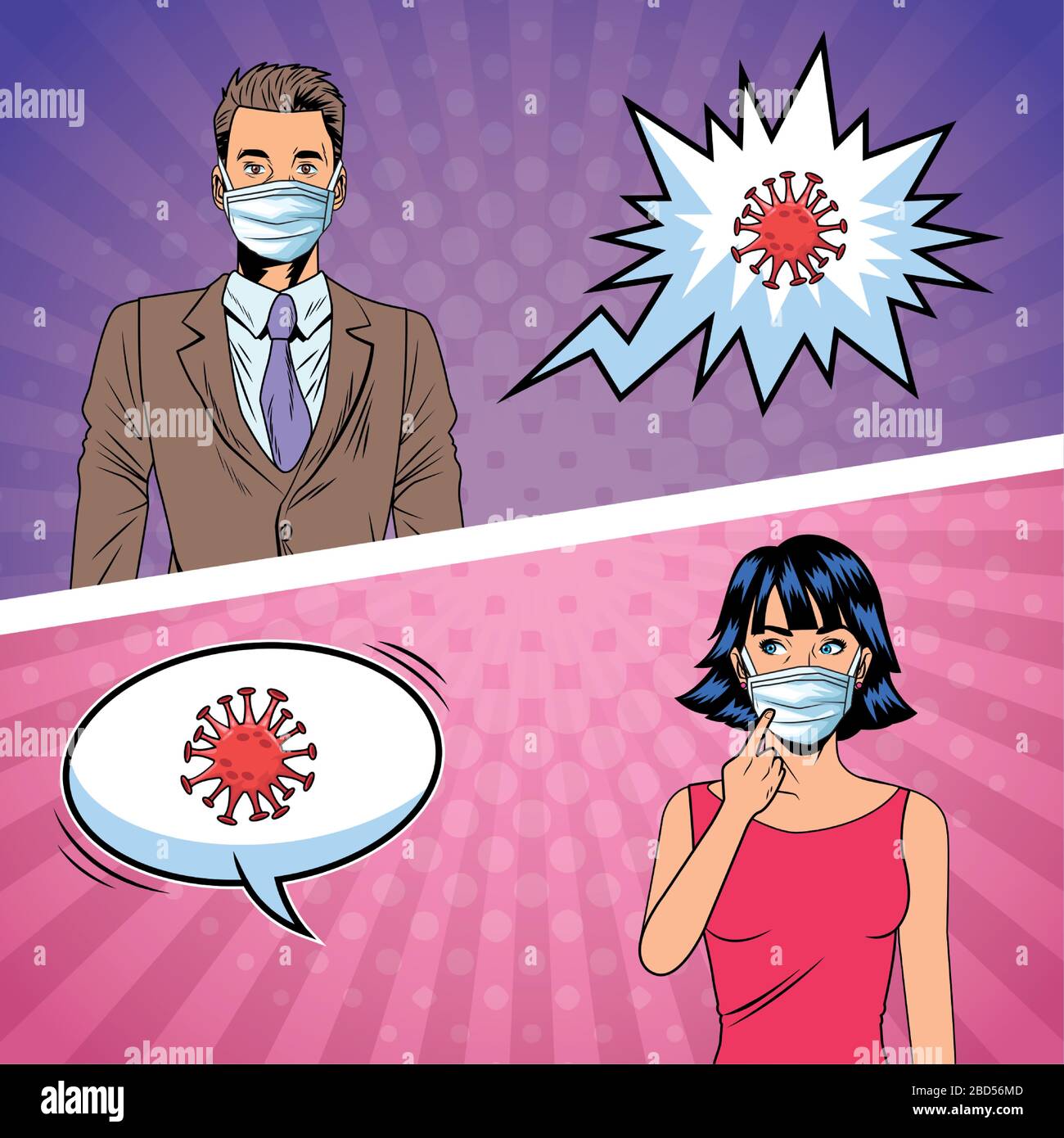 couple using face masks and covid19 particles pop art style Stock ...