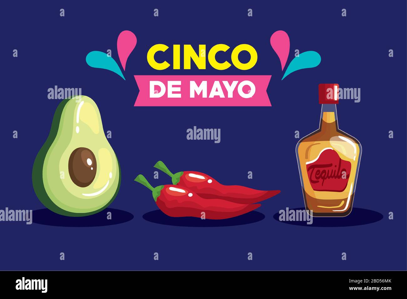 Mexican tequila bottle avocado and chillis of Cinco de mayo vector ...