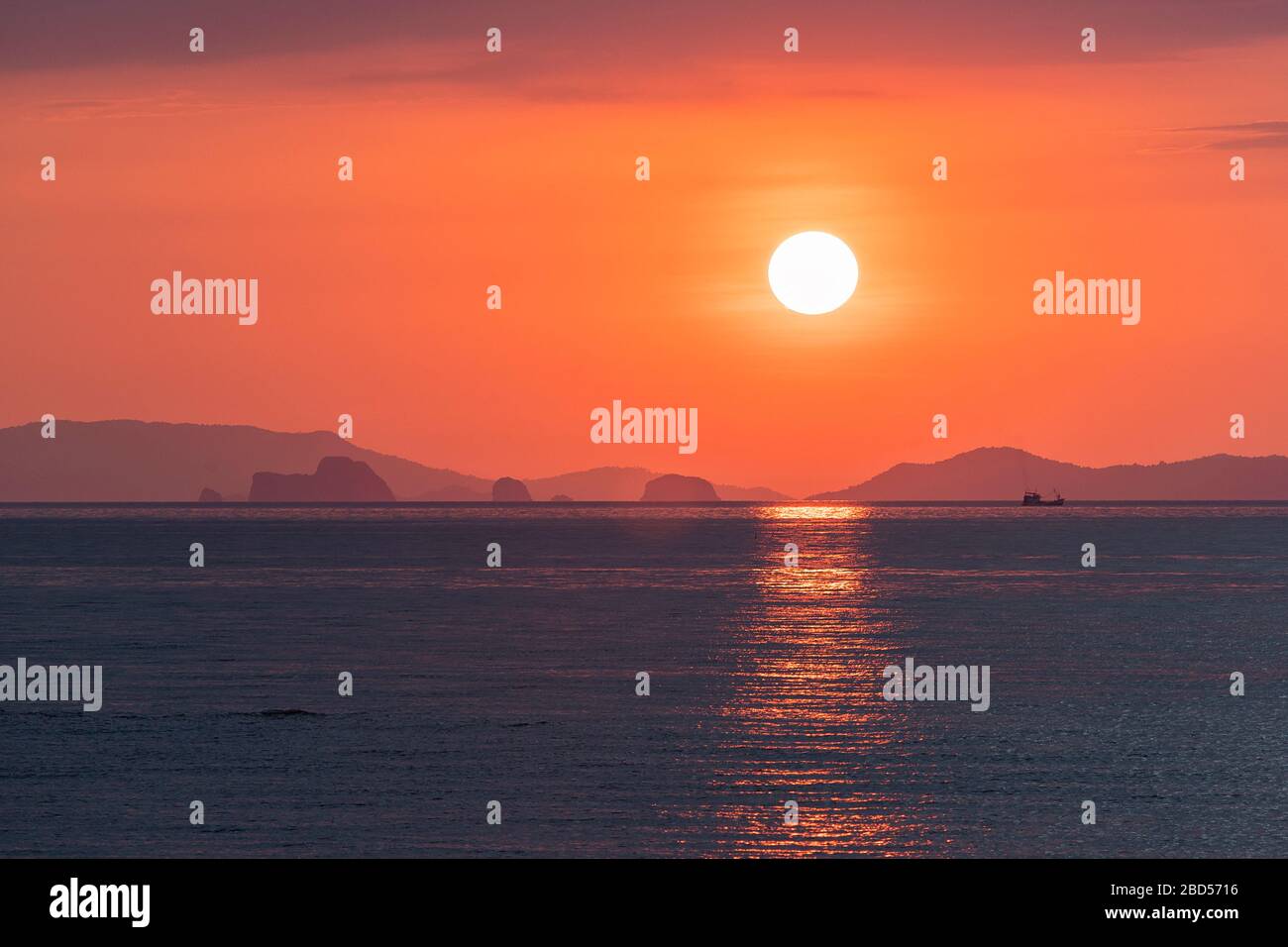 Sunset image taken in Southern Thailand, looking west into Myanmar Stock Photo