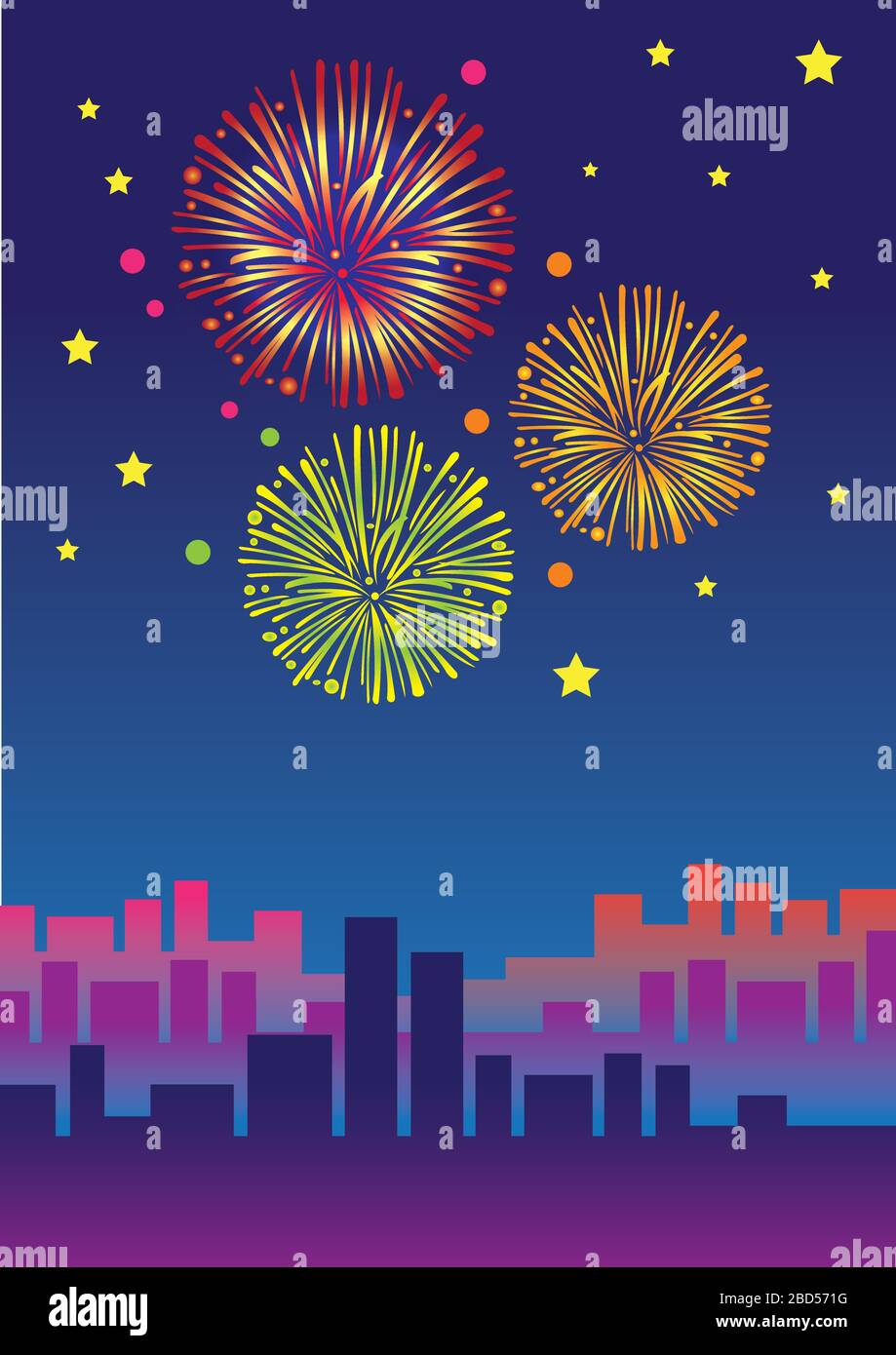 Vector illustration of colorful fireworks above city skyline at night ...