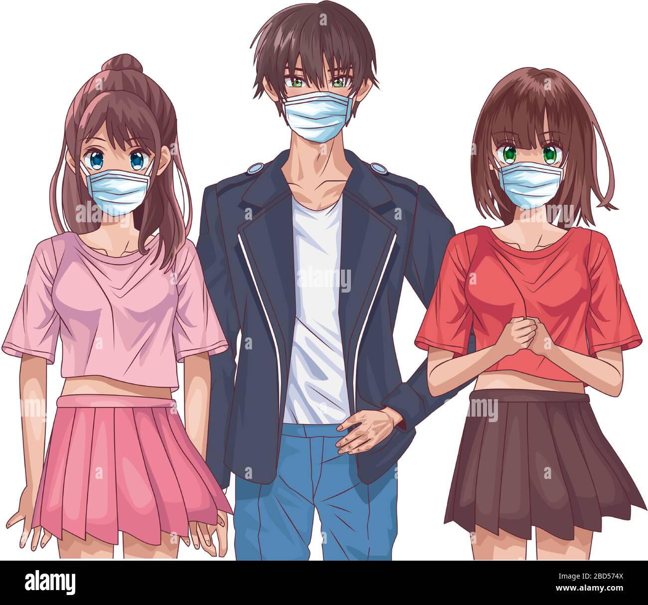 Young couple using face masks anime characters Vector Image