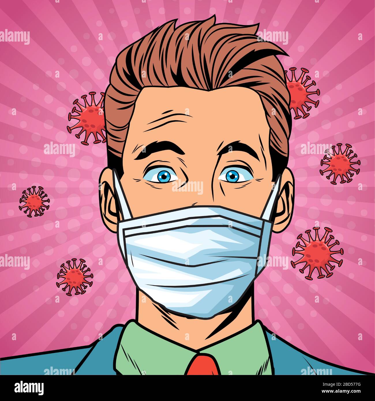 businessman using face mask and covid19 particles pop art style Stock ...