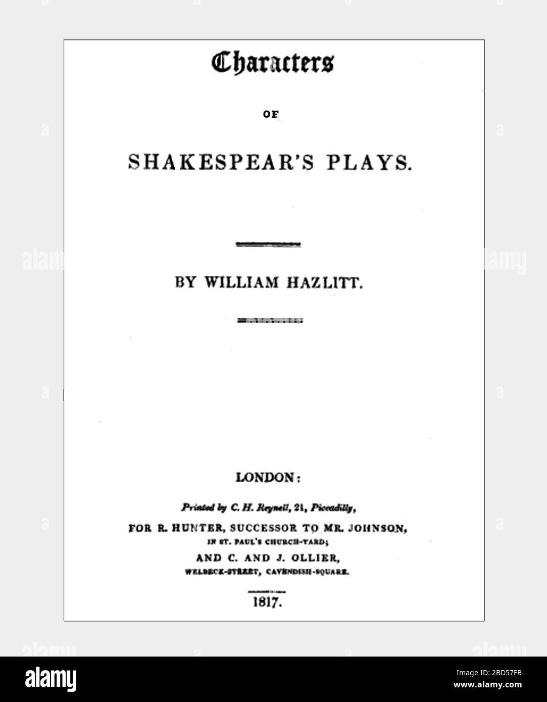 William Hazlitt Characters of Shakespeare's Plays Title Page Refreshed and Reset Stock Photo
