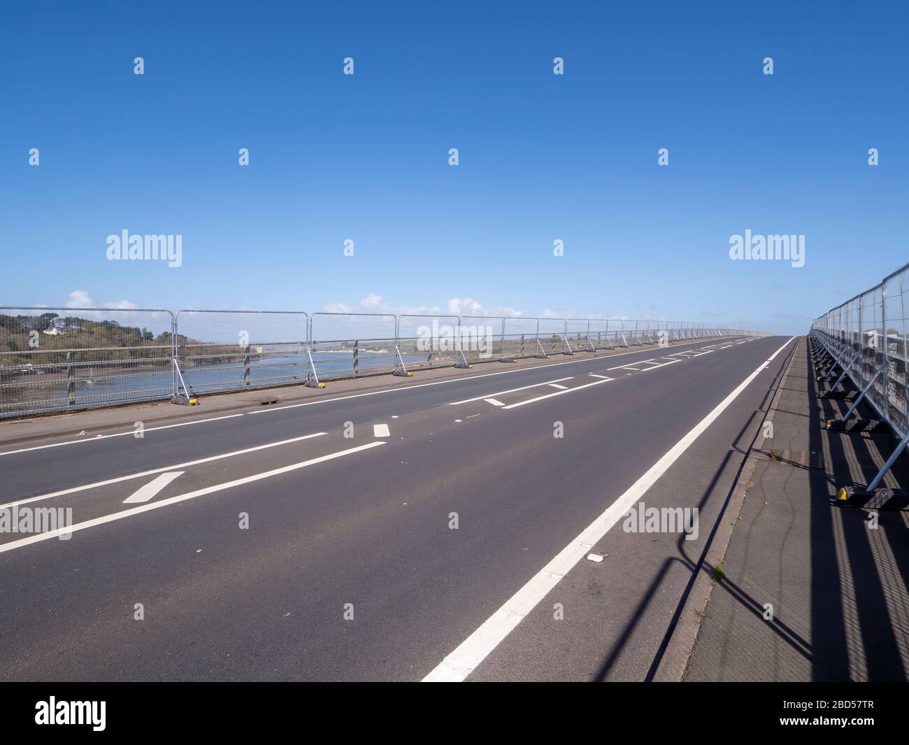 Anti suicide barriers attached to the bridge over the River Torridge at Bideford, Devon, Fixed April 2020. No traffic. Stock Photo