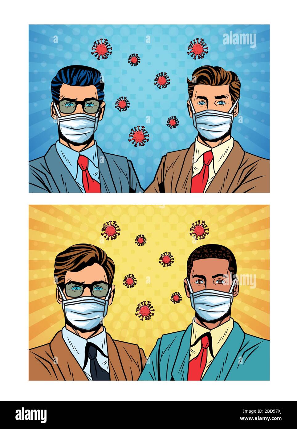 businessmen using face mask and covid19 particles pop art style Stock ...