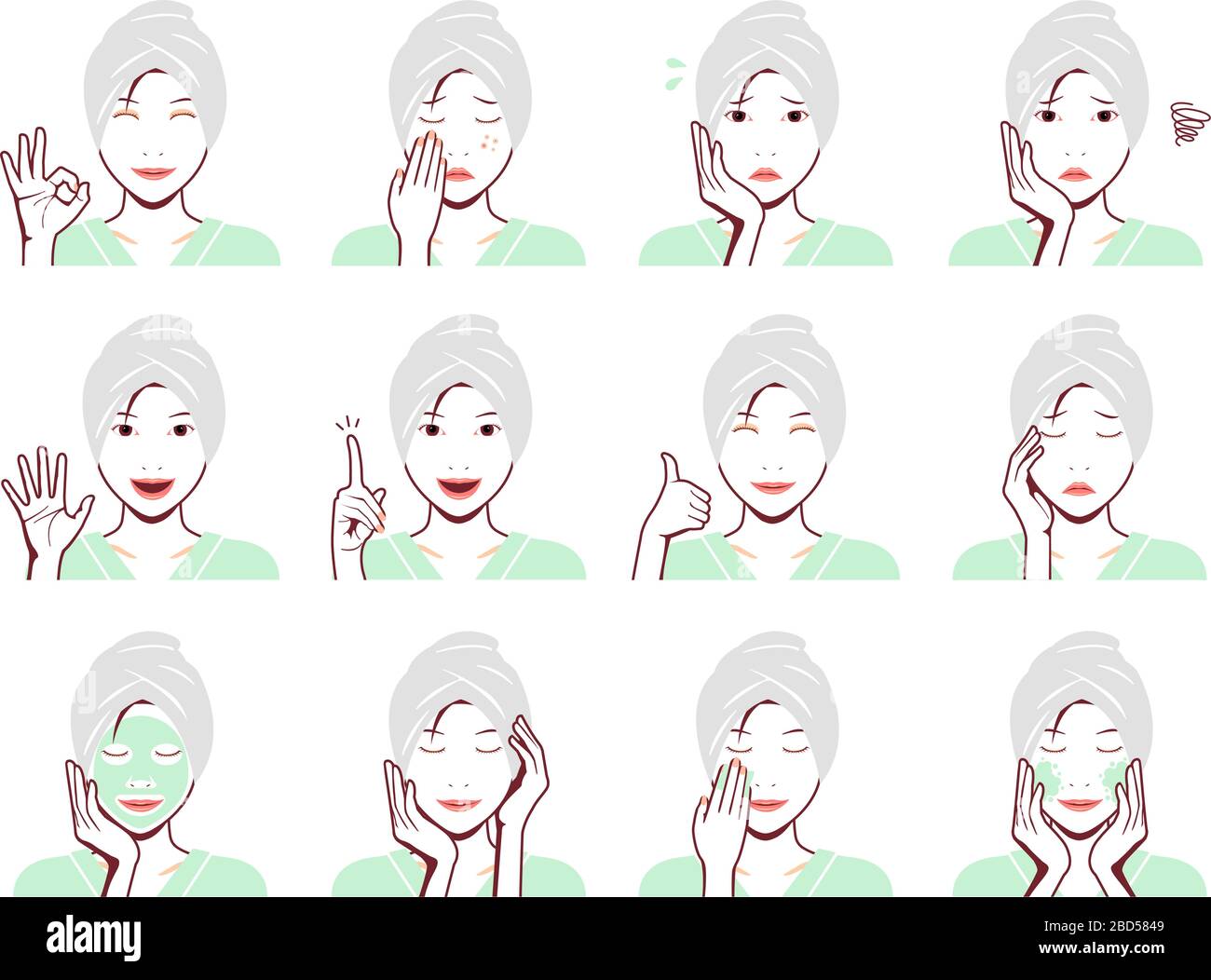Young asian woman face vector illustration (just out of the bath) set / smile, troubled, acne, headache, cleansing, thumb up, ok sign etc. Stock Vector