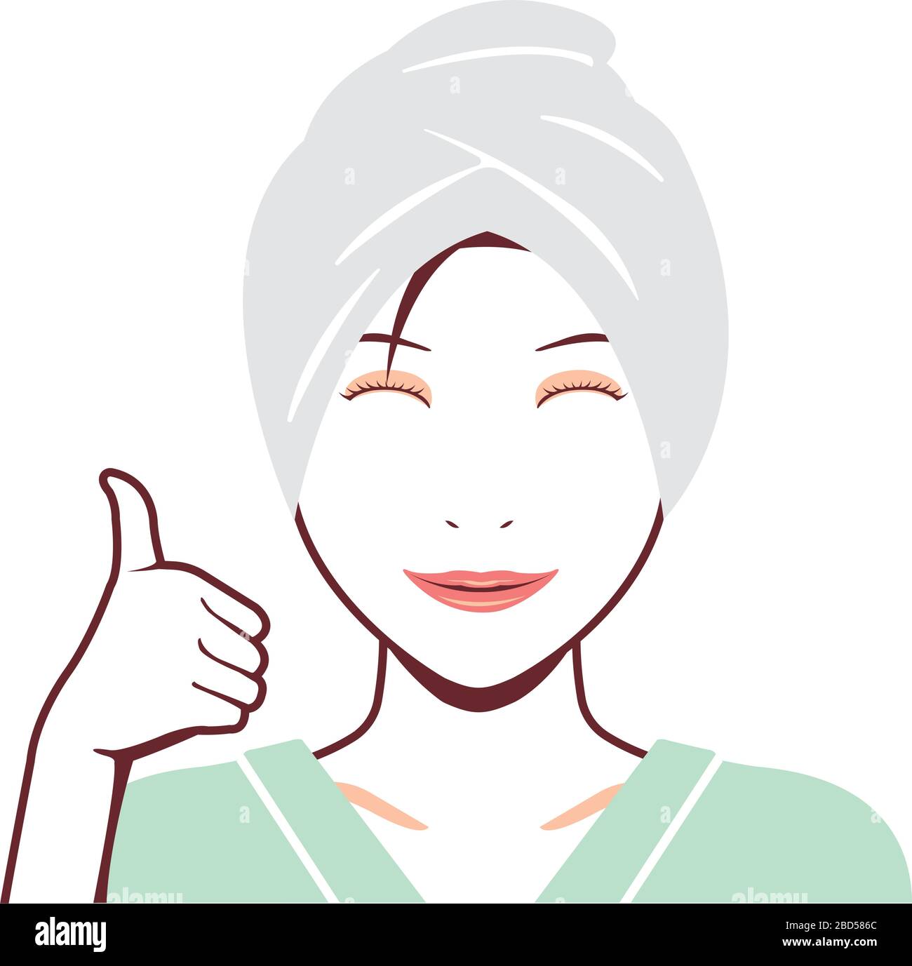 Young asian woman face vector illustration (just out of the bath) / thumb up with smiling Stock Vector