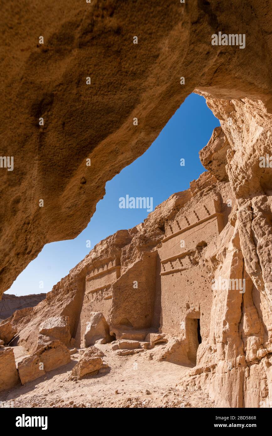 Nabatean tombs from inside a cave in Al Bad', Saudi Arabia Stock Photo
