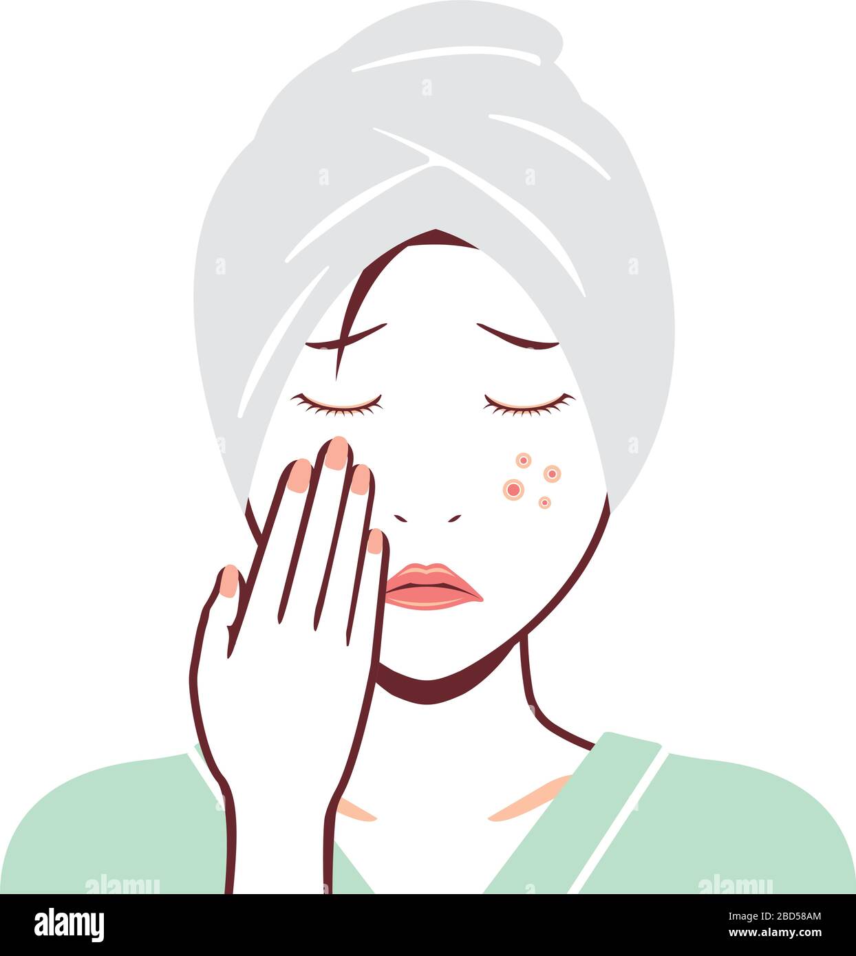 Young asian woman face vector illustration (just out of the bath) / acne, treckles Stock Vector