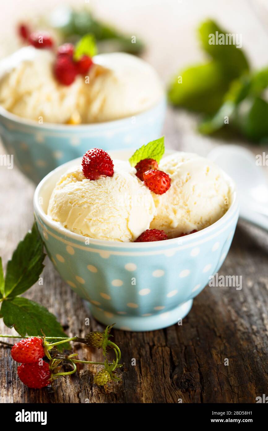 Homemade vanilla ice cream with wild strawberry Stock Photo