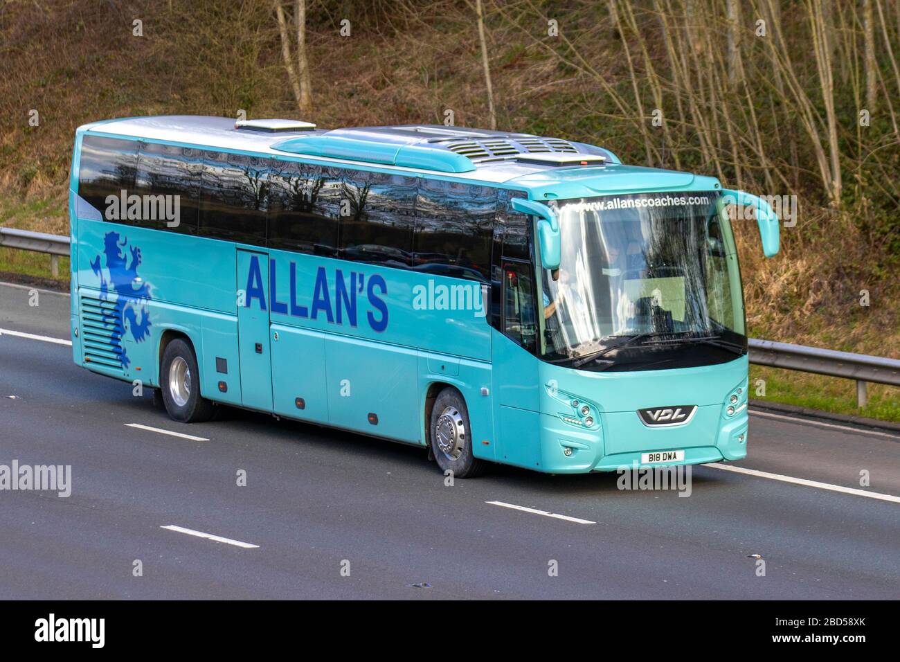 Allan's 2018 Vdl Futura Fhd2-129;  PSV Coach operator driving on the M6 Motorway, Lancaster, UK Stock Photo