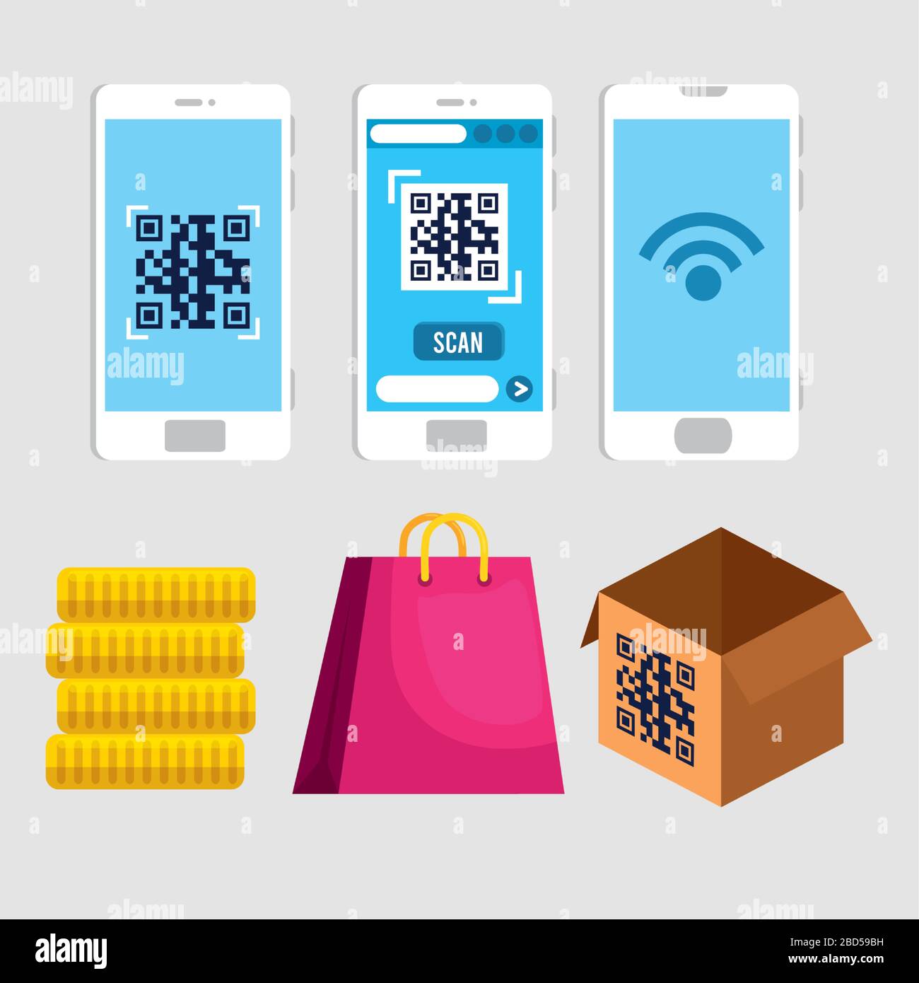 qr code inside smartphones coins bag and box vector design Stock Vector Image & Art Alamy
