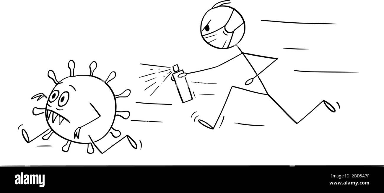 Vector cartoon stick figure drawing conceptual illustration of man chasing running coronavirus COVID-19 virus with disinfection or disinfectant. Stock Vector