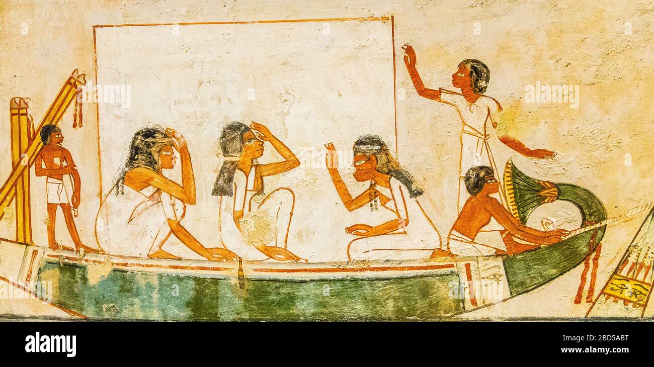 UNESCO World Heritage, Thebes in Egypt, Valley of the Nobles, tomb of Menna. Mourners on a barque. Stock Photo