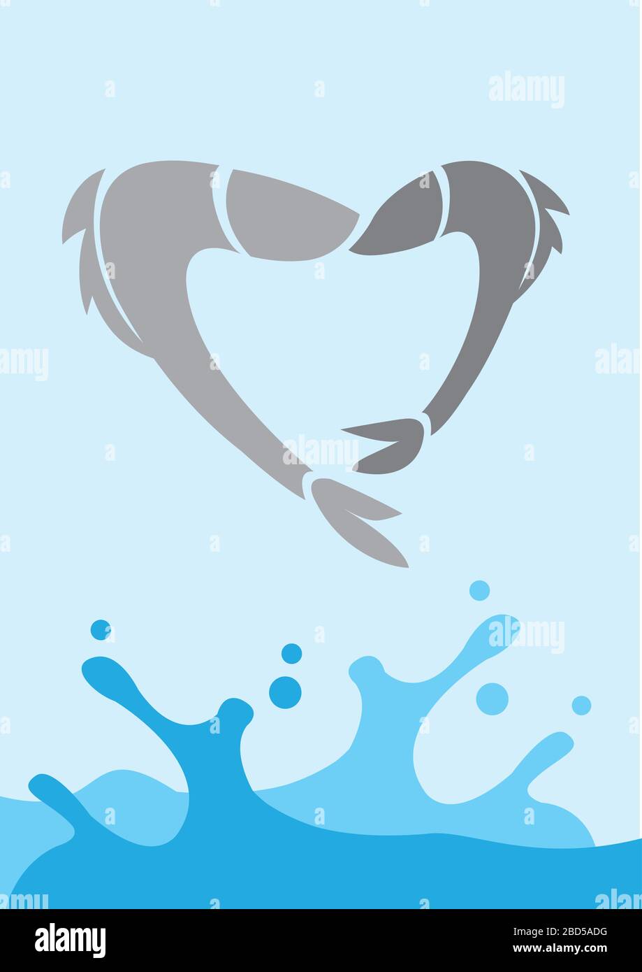 Vector illustration of Two Love fishes jumping out of the water to form a heart. Stock Vector