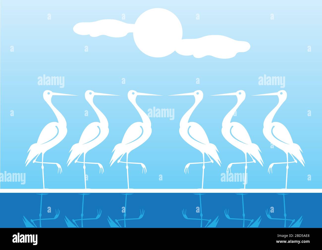 Vector illustration of Water Birds standing on one leg with reflection