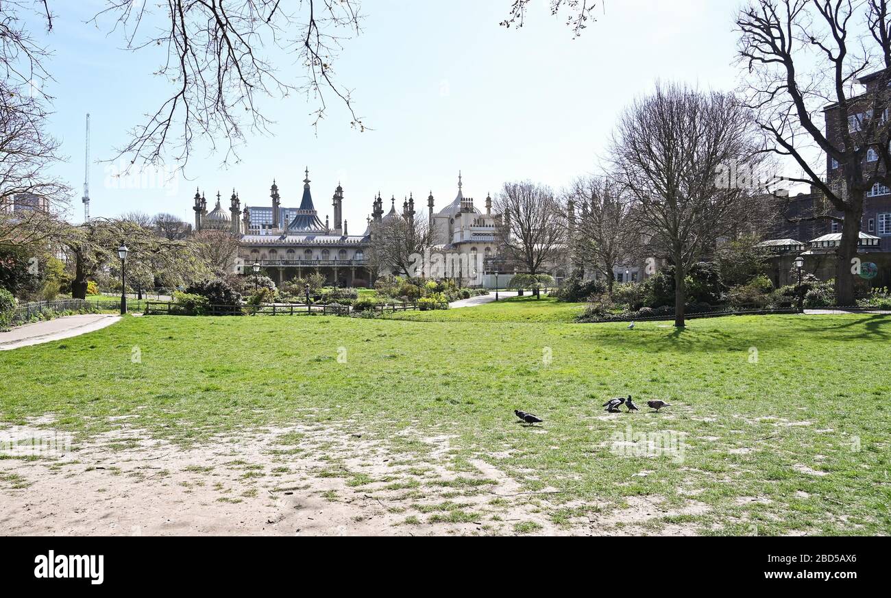 Brighton, UK. 7th April 2020 - Royal Pavilion gardens are empty on day fifteen of the governments lockdown in Britain during the Coronavirus COVID-19 pandemic crisis  . Credit: Simon Dack / Alamy Live News Stock Photo