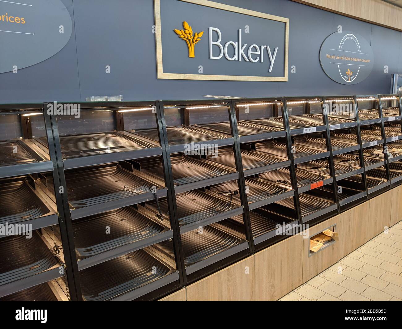 Empty bakery shelves in Lidl supermarket, Clitheroe, Lancashire UK