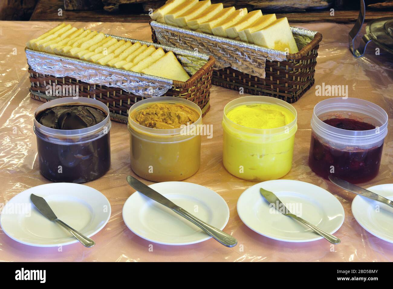 The food portrait of various jams and toast Stock Photo - Alamy