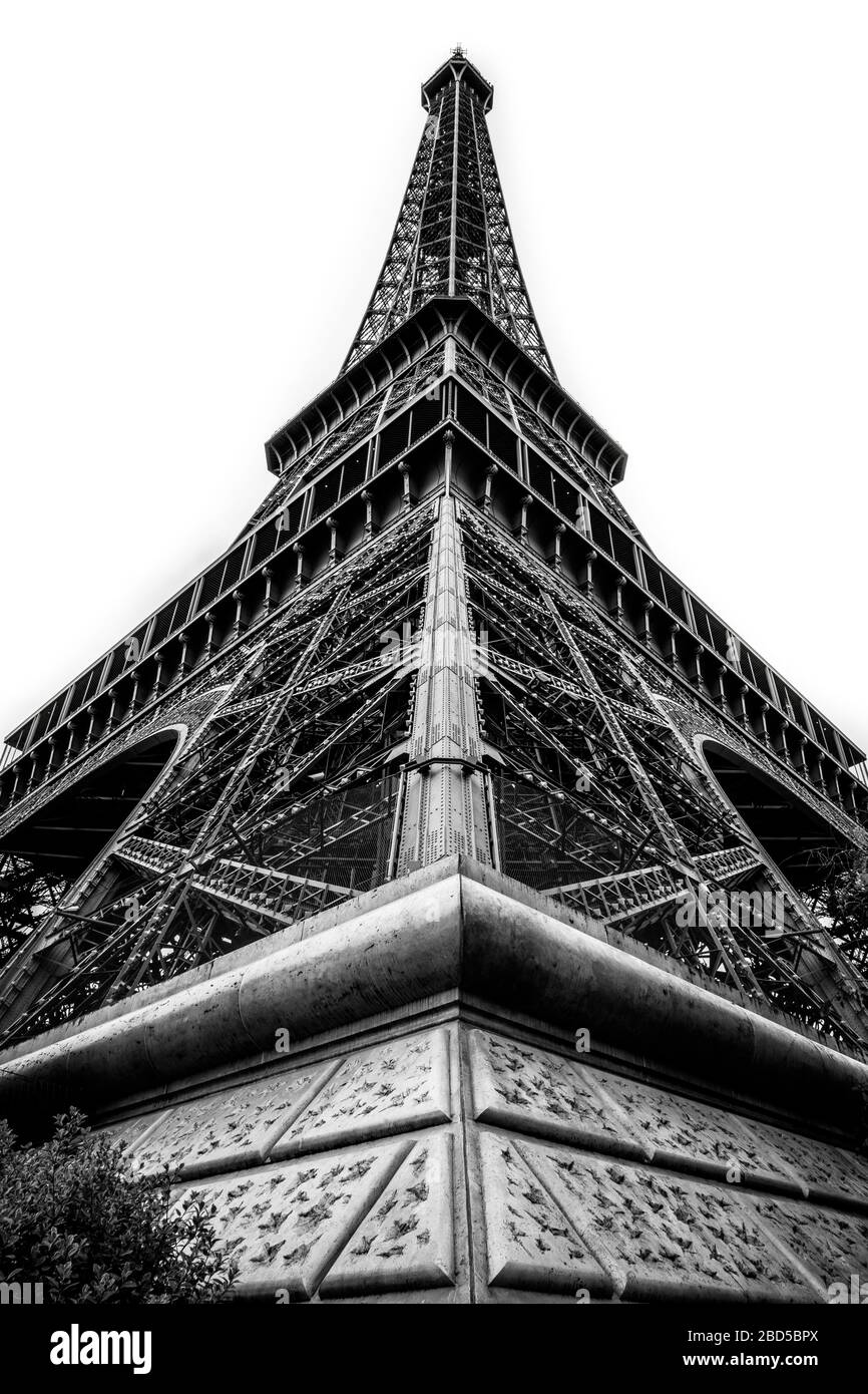 Eifel tower from a corner below, black and white Stock Photo