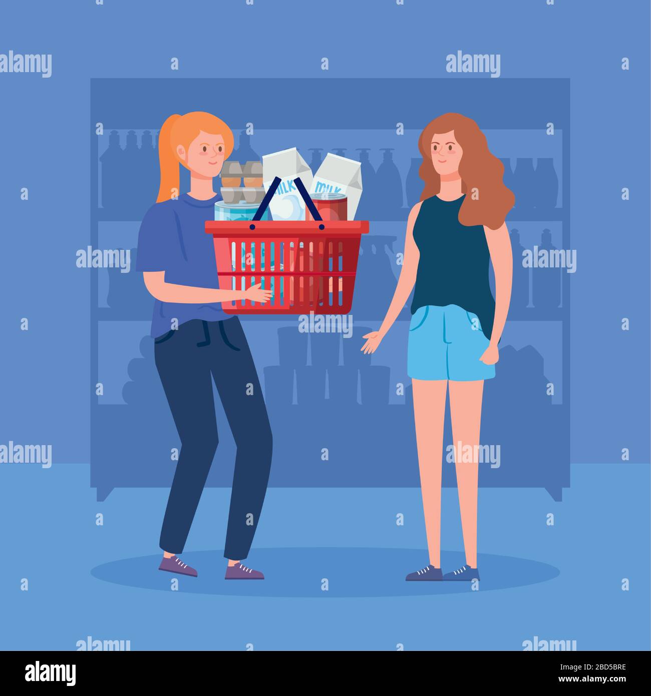 women and basket shopping with excess groceries Stock Vector Image