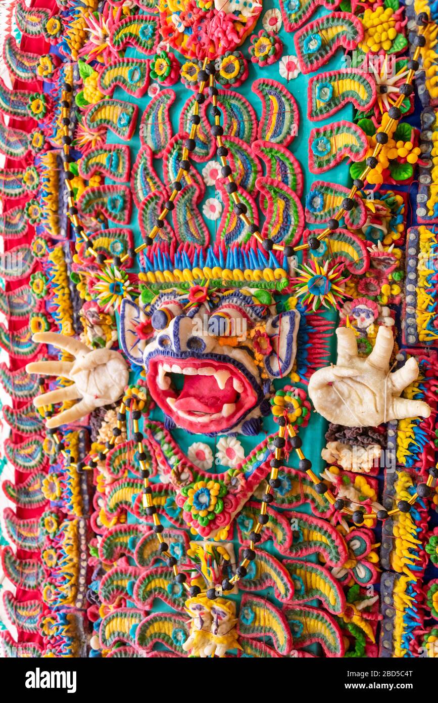 Vertical view of a stunning handmade sarad decoration in Bali, Indonesia. Stock Photo