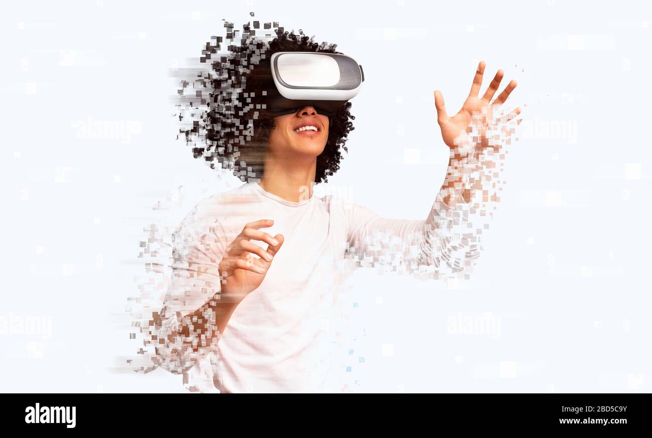 Collage of excited african american guy enjoying virtual reality glasses experience Stock Photo