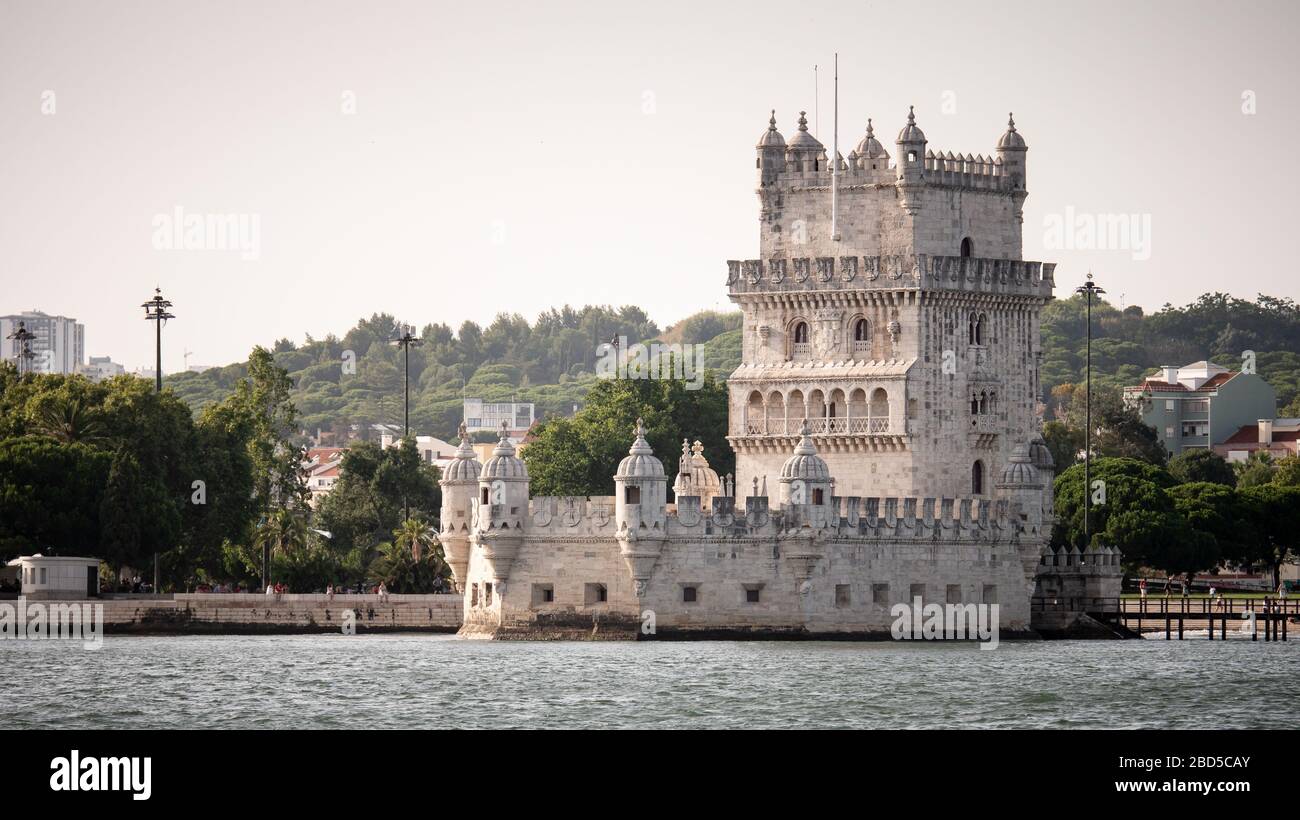 Torre de Belem, Lisboa, Portugal. A view of the popular Lisbon landmark The Belem Tower taken from a vantage point on the River Tagus Stock Photo