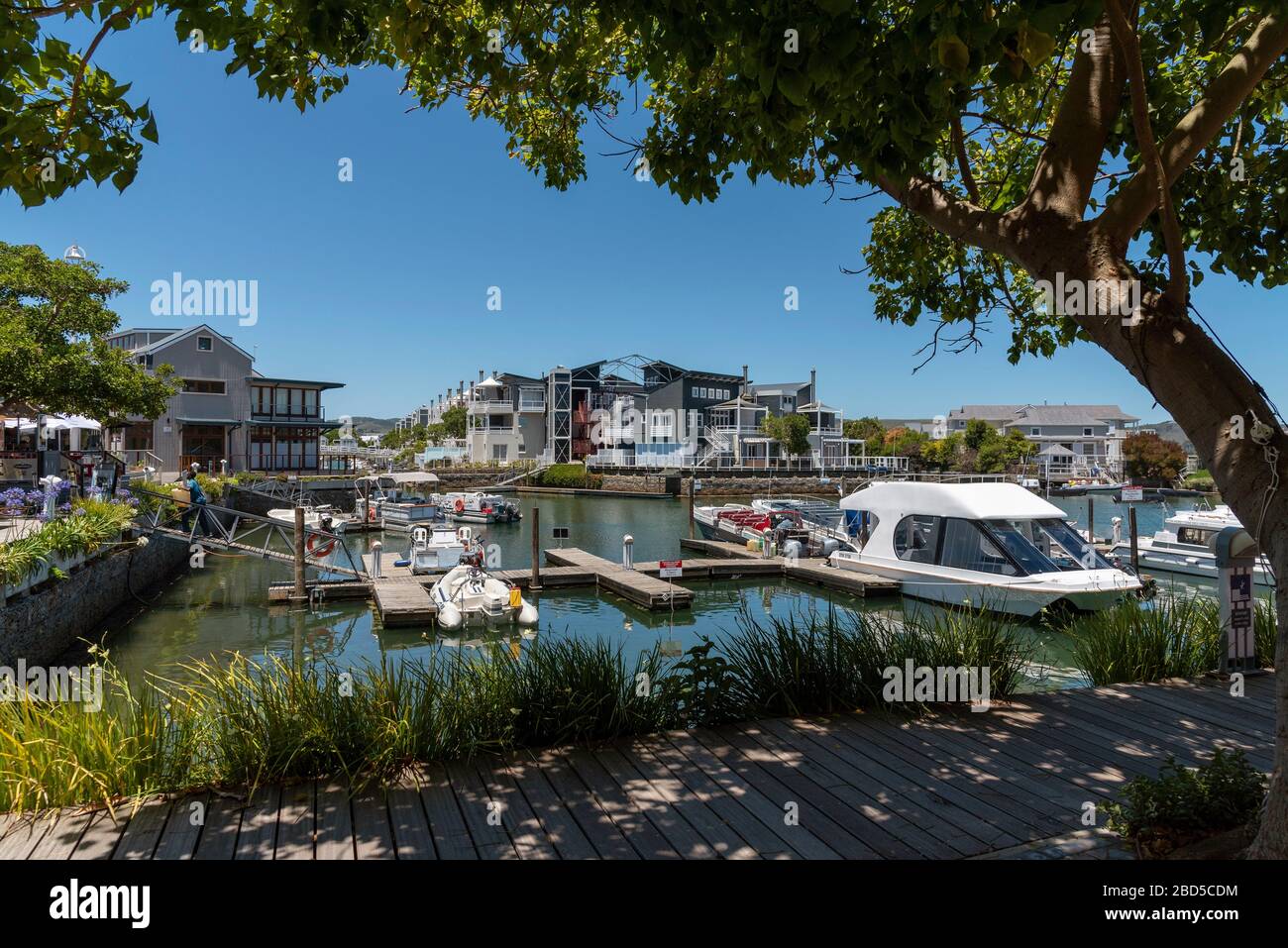 Thesen's Island, Knysna, Western Cape, South Africa. 2019.  Leisure boats on the Knysna River on Thesens's Island a holiday resort on the Garden Route. Stock Photo