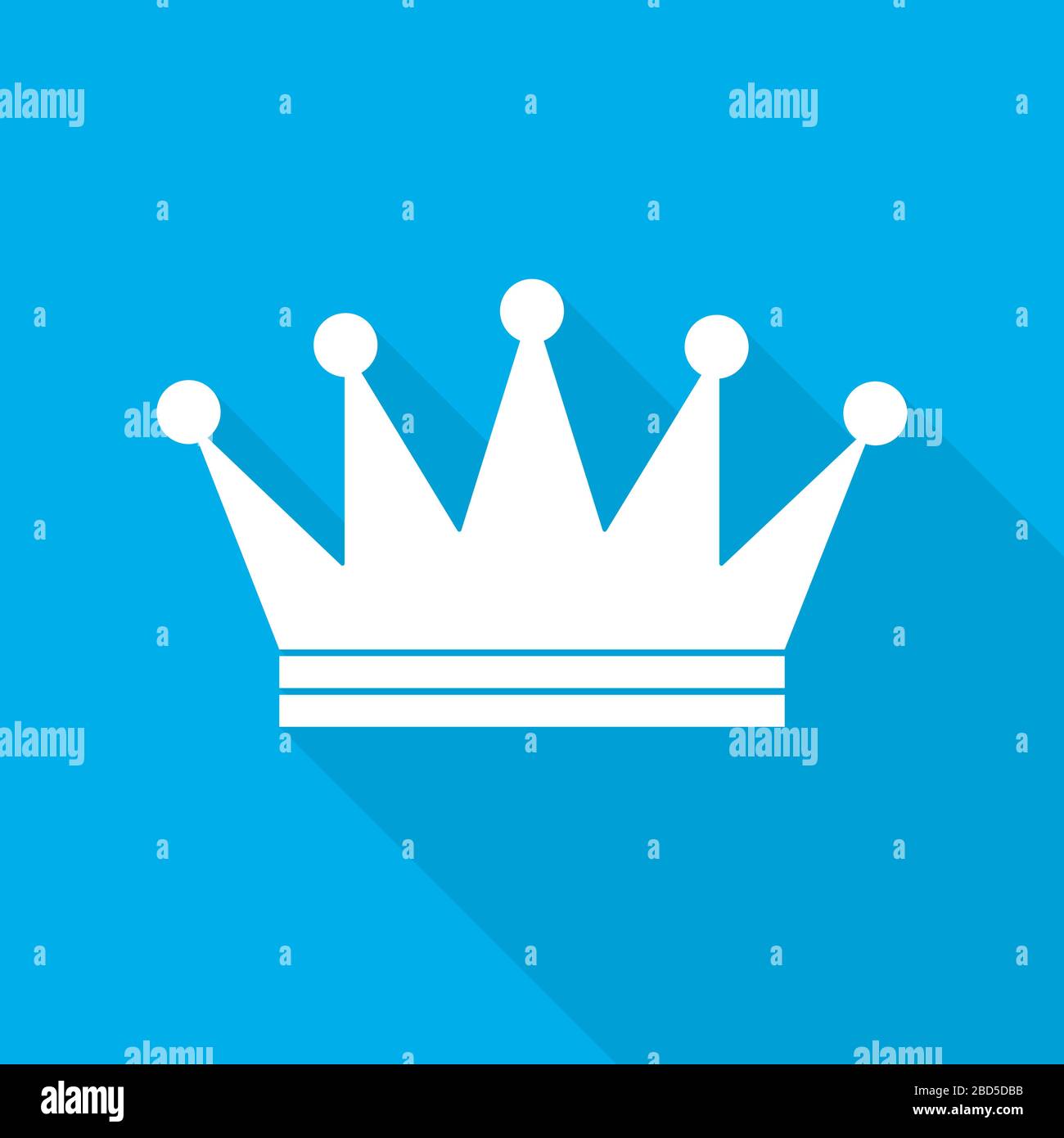 White crown icon in flat design. Vector illustration. Symbol of crown with long shadow on blue