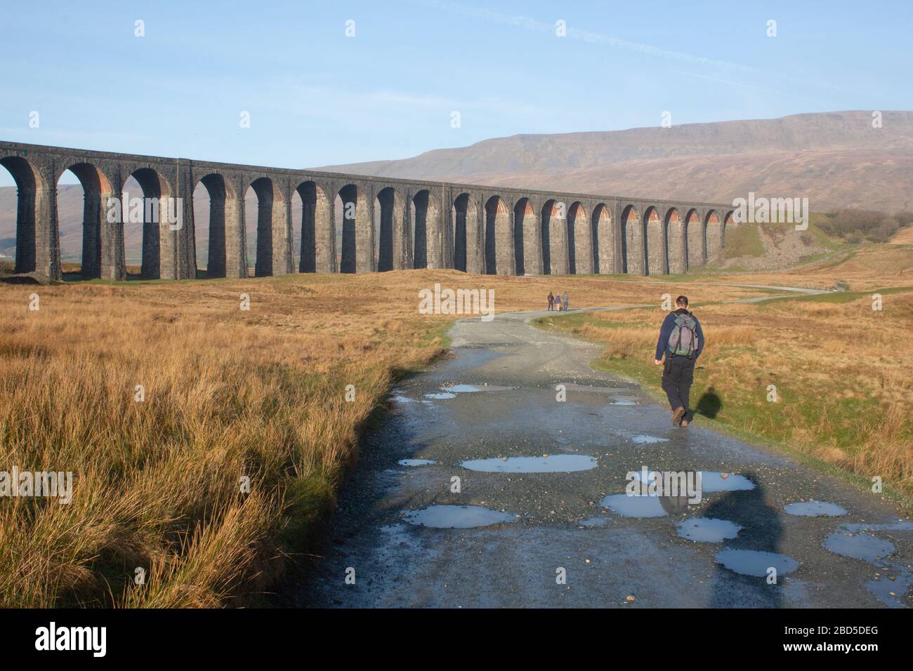 Walking on footpath towards Ribblehead Viaduct Stock Photo