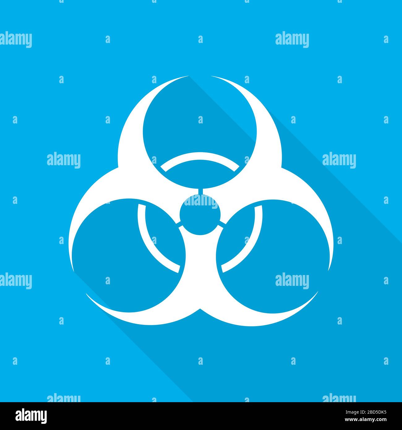 White biohazard icon in flat design. Vector illustration. Symbol of biohazard with long shadow on blue background. Stock Vector