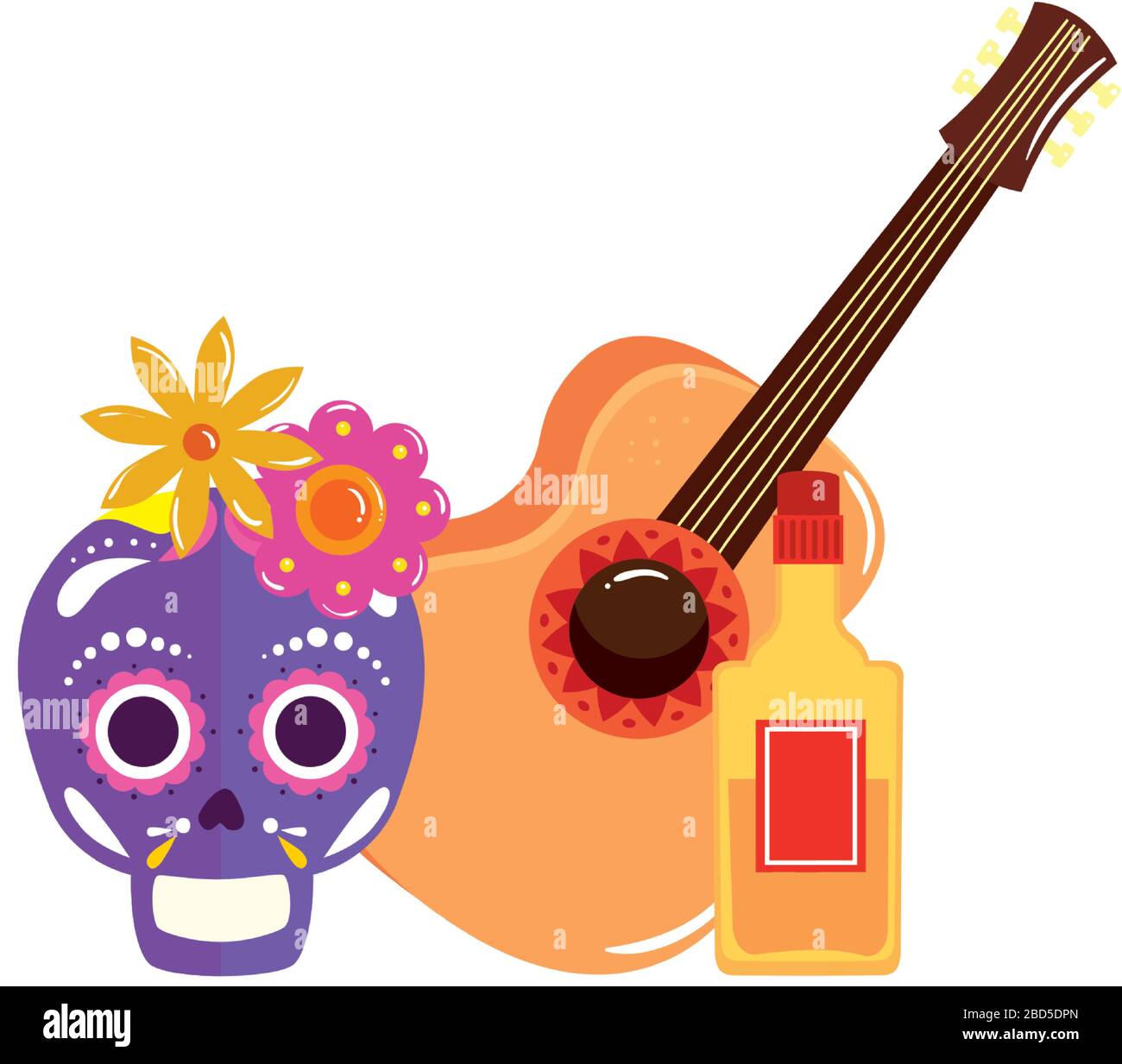 Isolated mexican skull guitar and tequila bottle vector design Stock ...