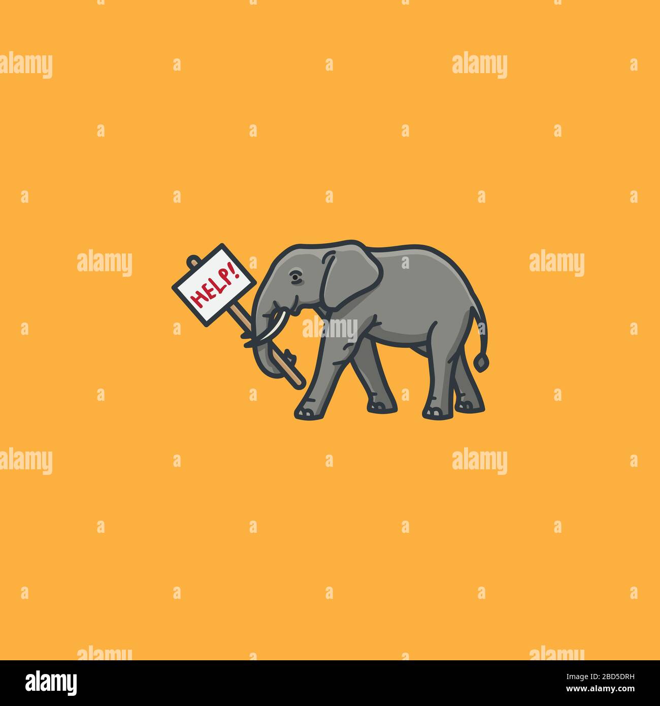 African elephant holding help sign vector illustration for Save The ElepHant Day on April 16th. Endangered species symbol. Stock Vector