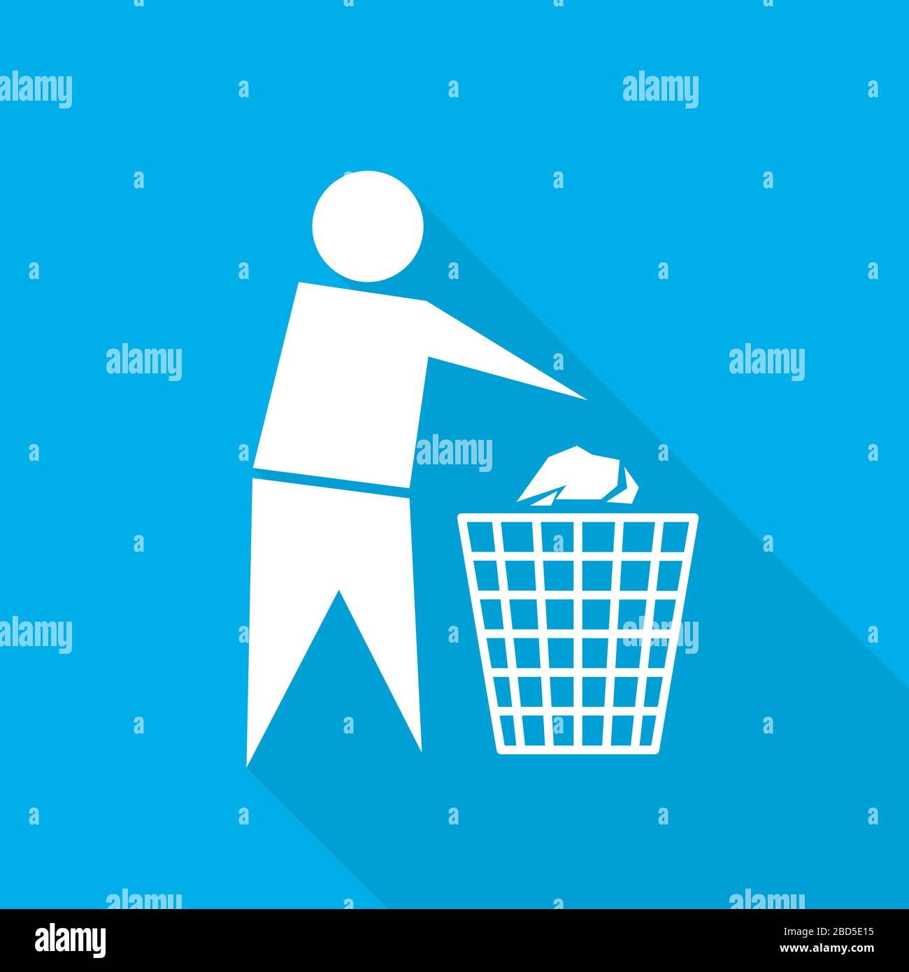 Trash bin or trash can with human figure. Vector illustration. White trash icon on blue background. Stock Vector