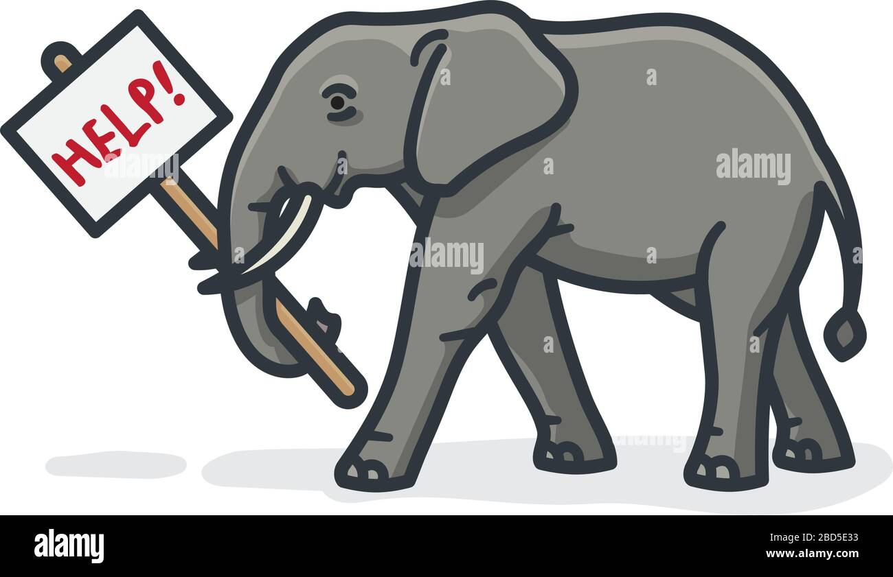 African elephant holding help sign isolated vector illustration for Save The ElepHant Day on April 16th. Endangered species symbol. Stock Vector
