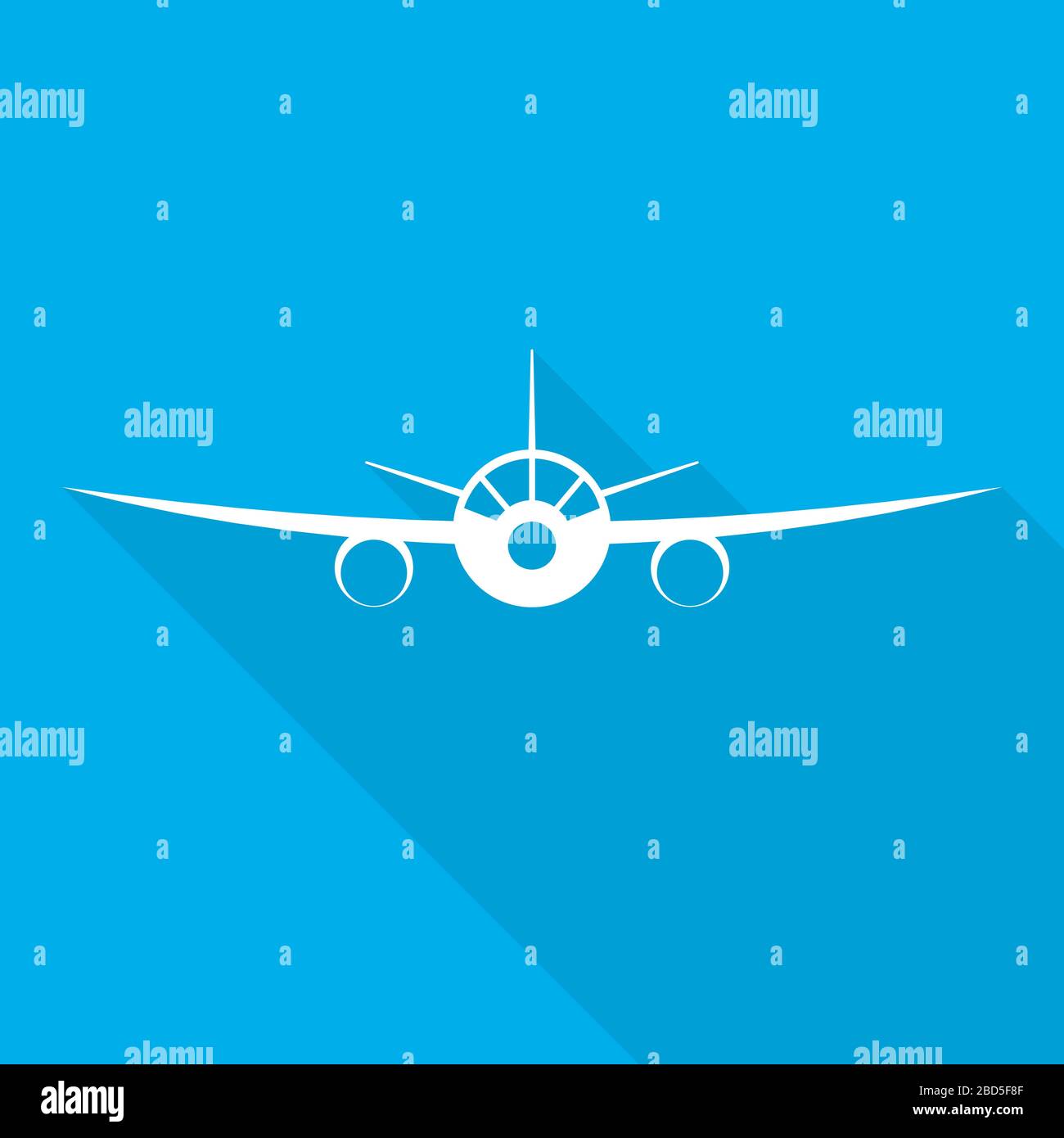 White aircraft icon in flat design. Vector illustration. Symbol of the aircraft with long shadow on blue background. Stock Vector