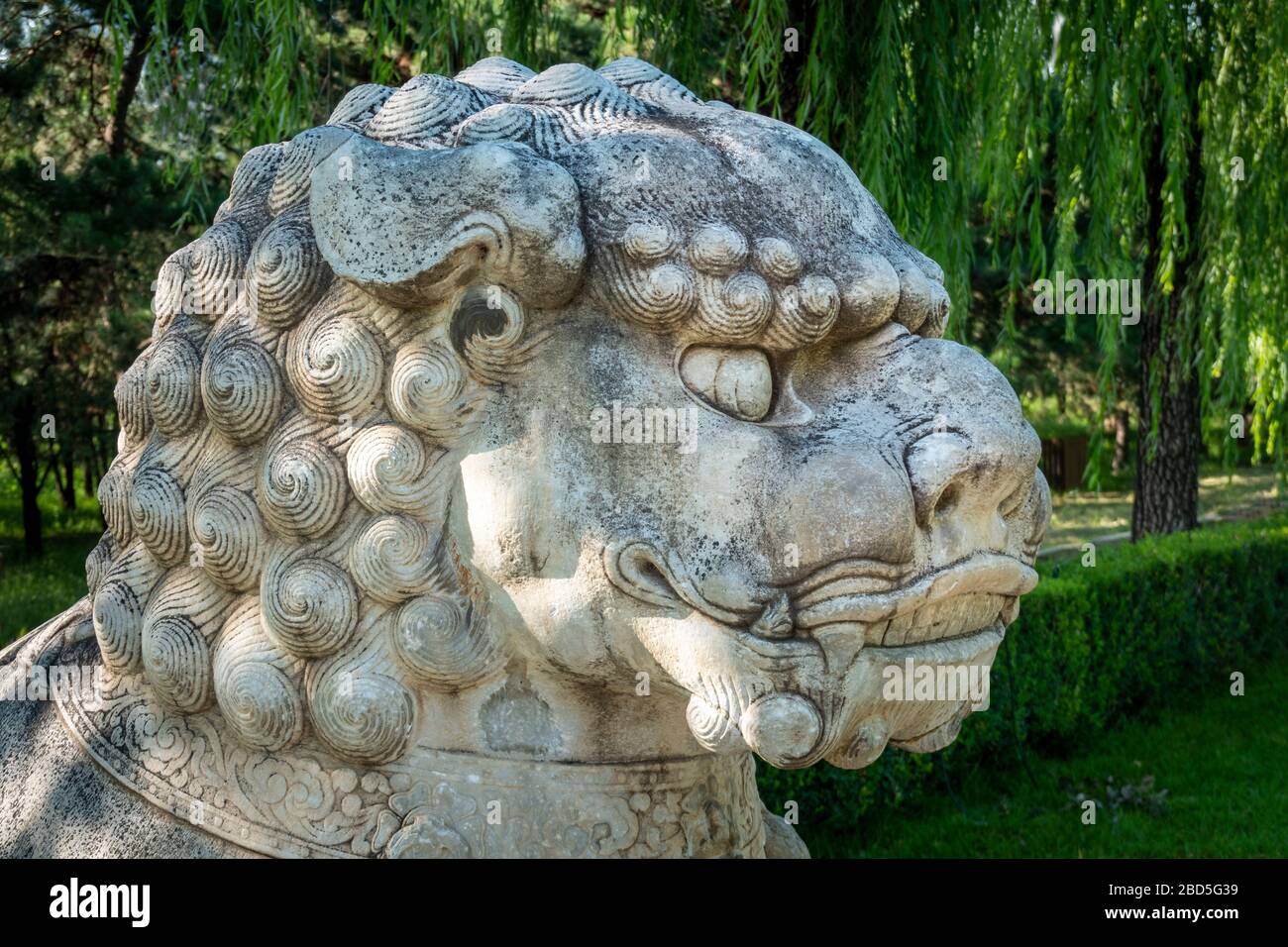 statue of kneeling lion, Spirit or Sacred Way, Ming Tombs,  Changping District, Beijing, China Stock Photo