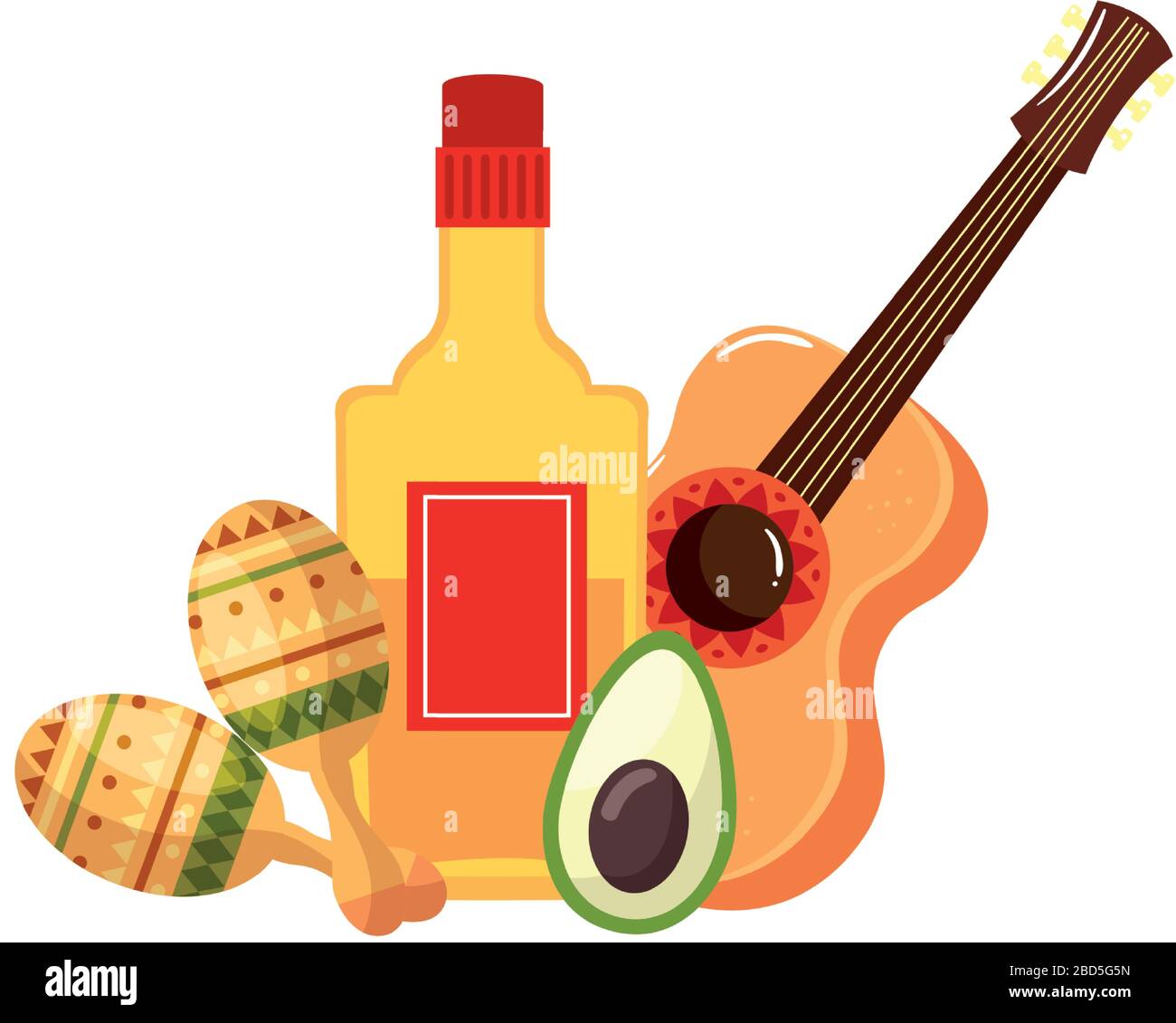 Isolated mexican guitar tequila bottle avocado and maracas vector ...