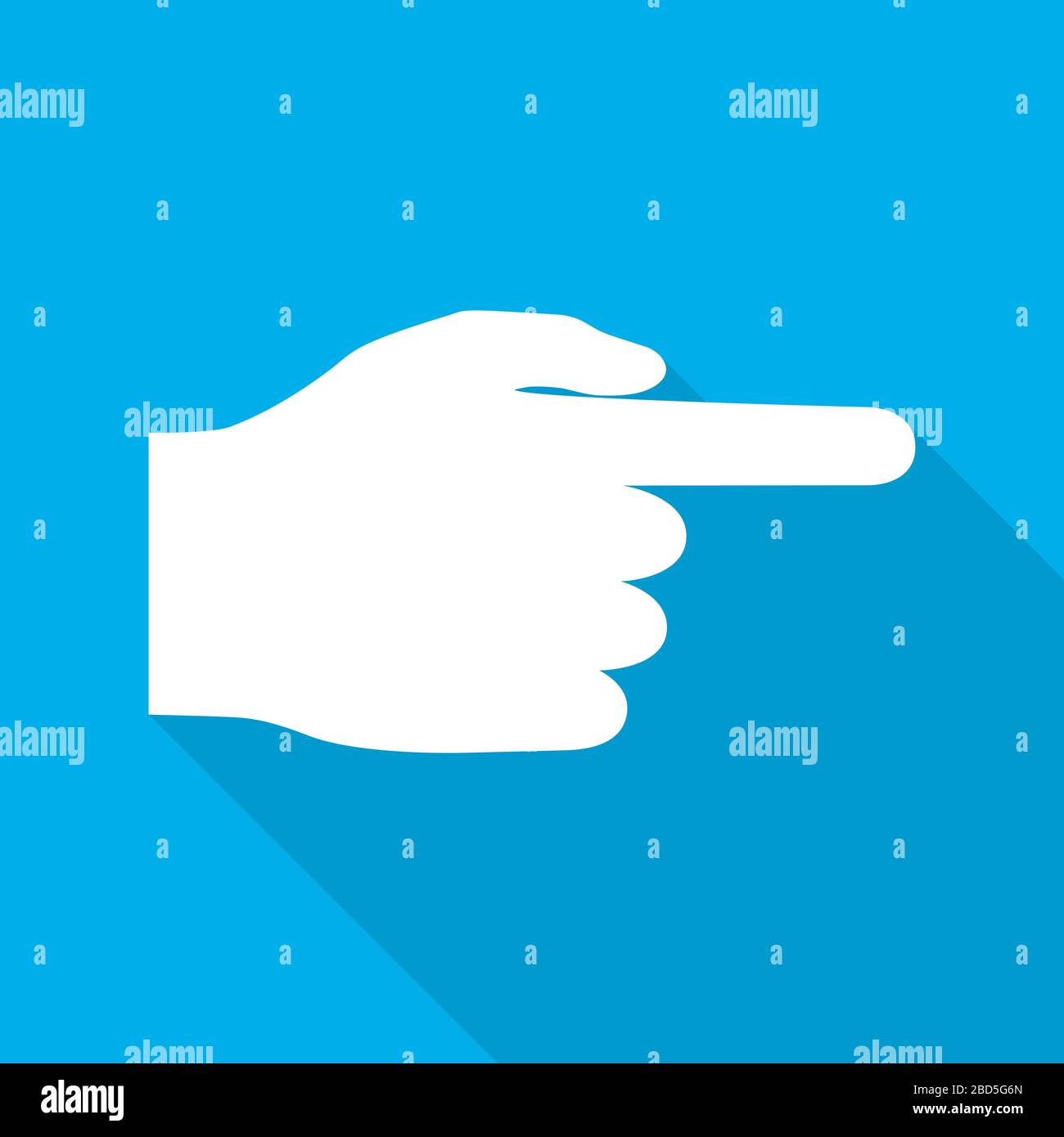 Hand cursor icon with long shadow on blue background. White click icon. Hand icon pointer. Vector illustration. Stock Vector