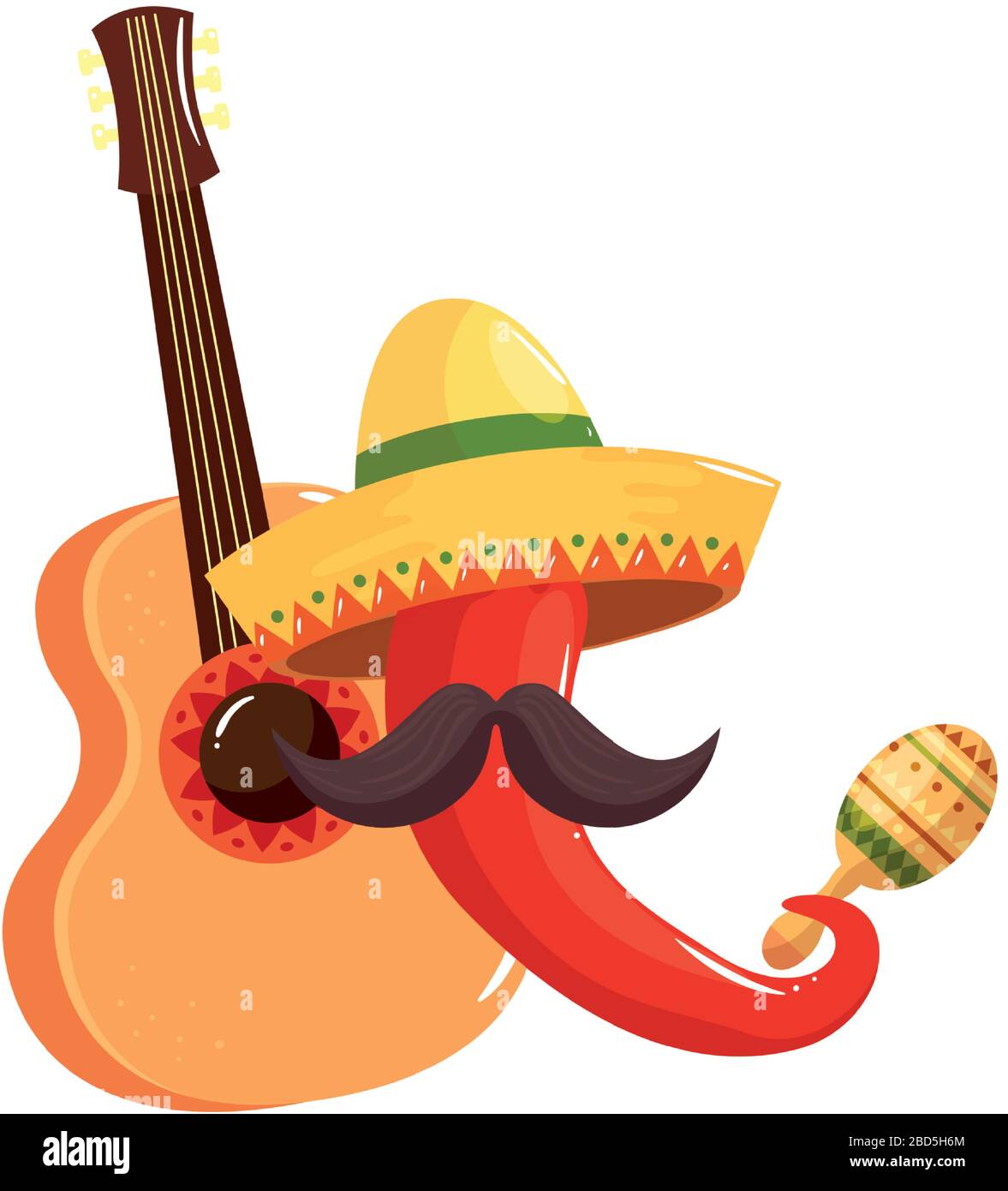 Isolated mexican chilli hat mustache guitar and maraca vector design ...