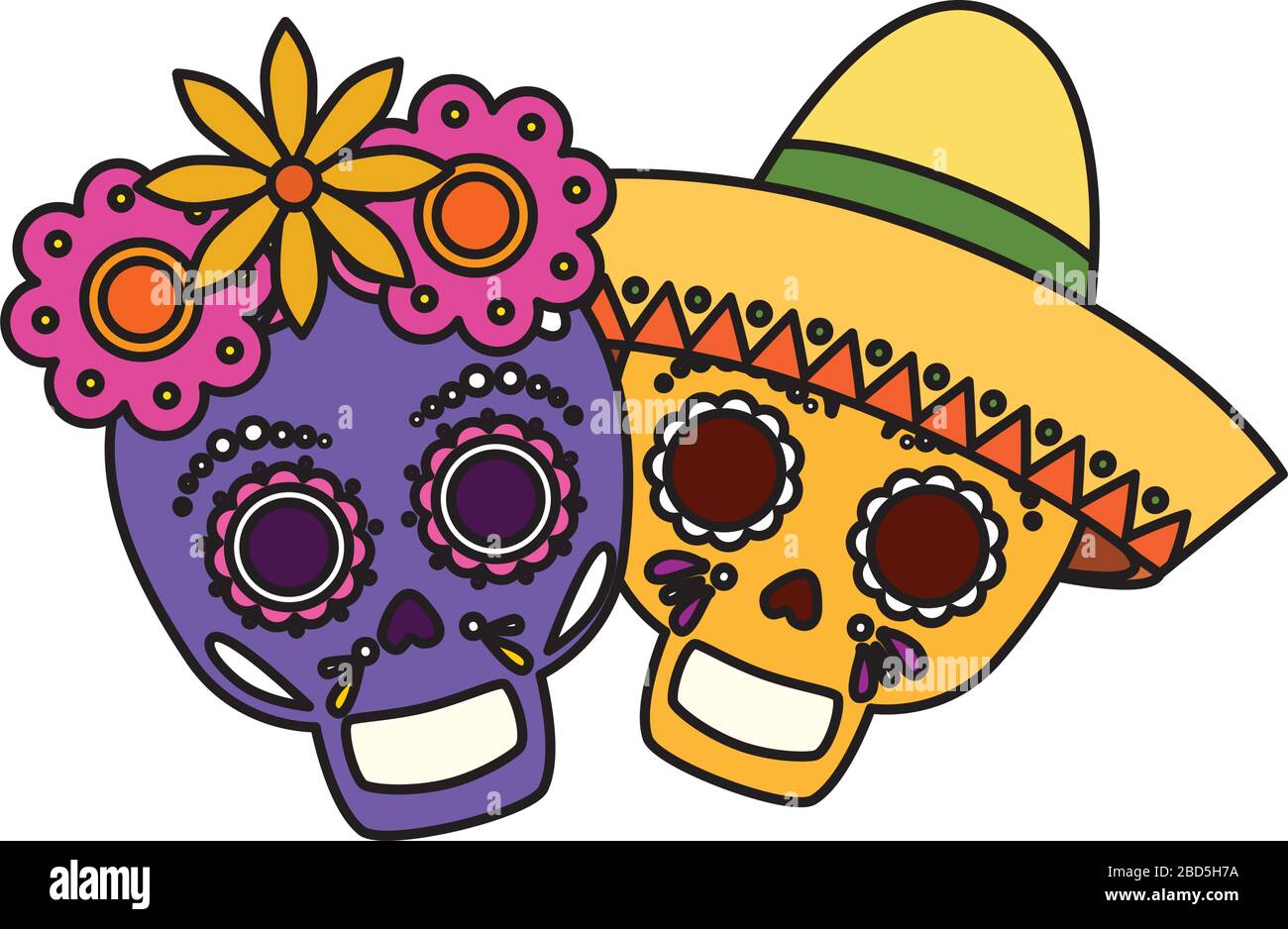 Isolated mexican skulls with flowers crown and hat vector design Stock ...