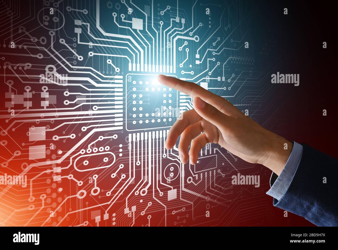 Computer engineer pressing shiny microchip on circuit board, collage. Blank space Stock Photo