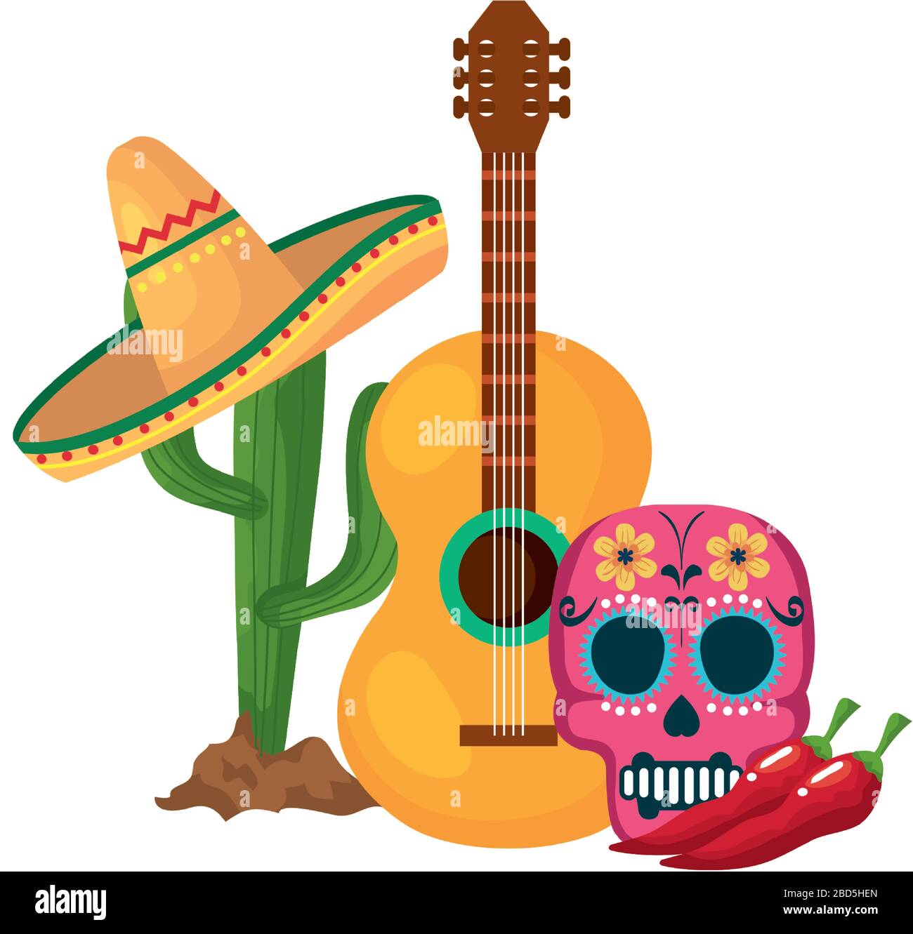 Isolated mexican cactus with hat skull chillis and guitar vector design ...