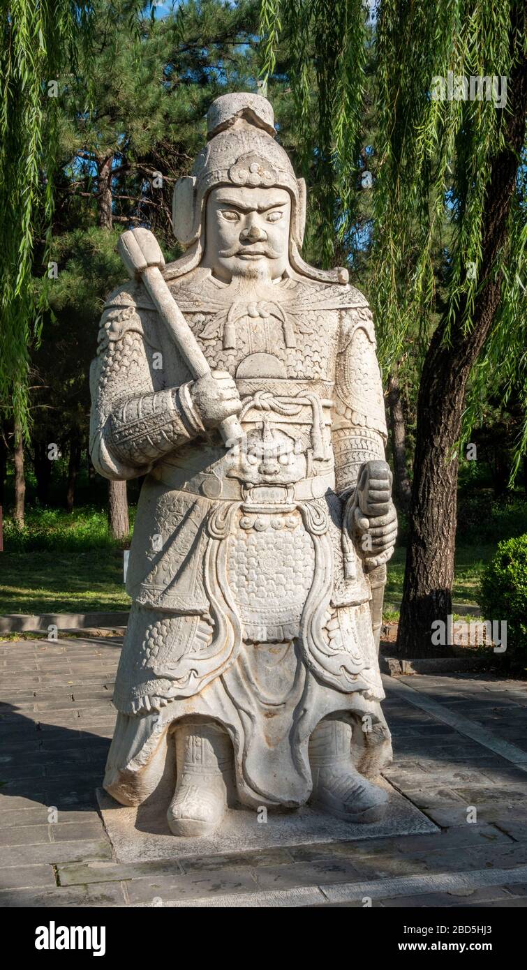 statue of general with club, Spirit or Sacred Way, Ming Tombs,  Changping District, Beijing, China Stock Photo