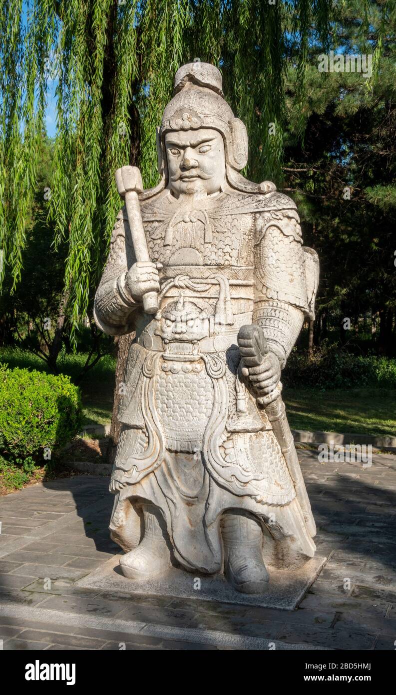 statue of general with club, Spirit or Sacred Way, Ming Tombs,  Changping District, Beijing, China Stock Photo