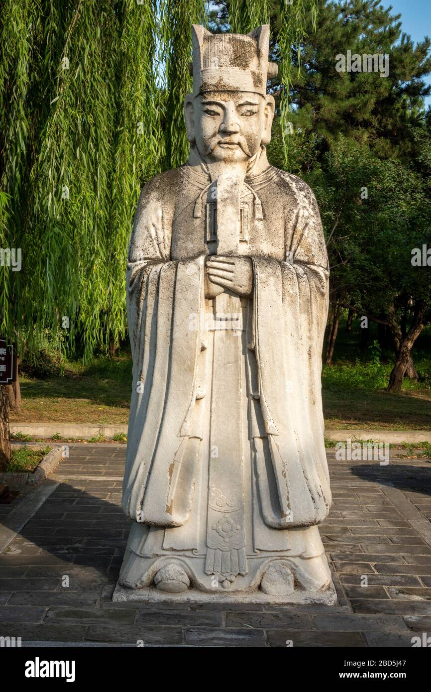 statue of civil official, Spirit or Sacred Way, Ming Tombs,  Changping District, Beijing, China Stock Photo