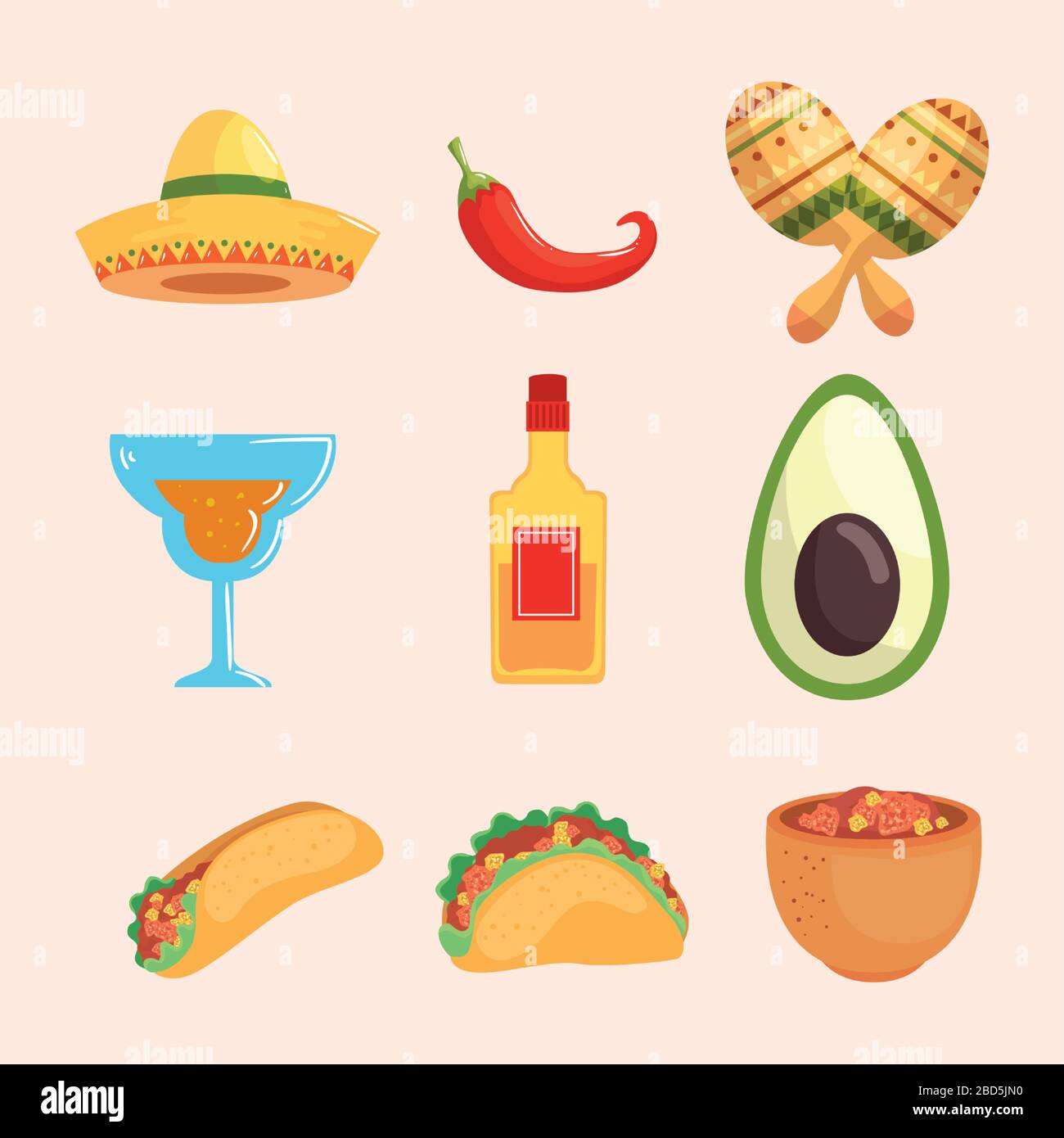 Mexican hat chilli maracas cocktail tequila bottle avocado burrito taco ...