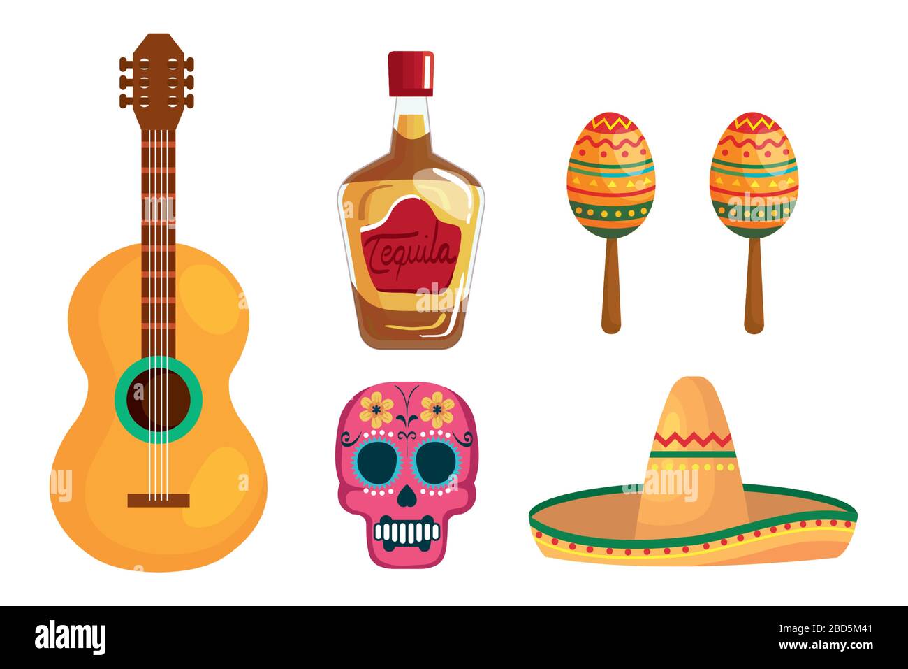 Mexican tequila bottle guitar skull hat and maracas vector design Stock ...